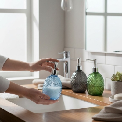 Picture of Elegant glass soap dispenser featuring a distinctive diamond-cut pineapple-textured pattern in multiple colors with a premium pump perfect for enhancing your bathroom vanity decor or modern kitchen sink countertop with style today.-Multicolor