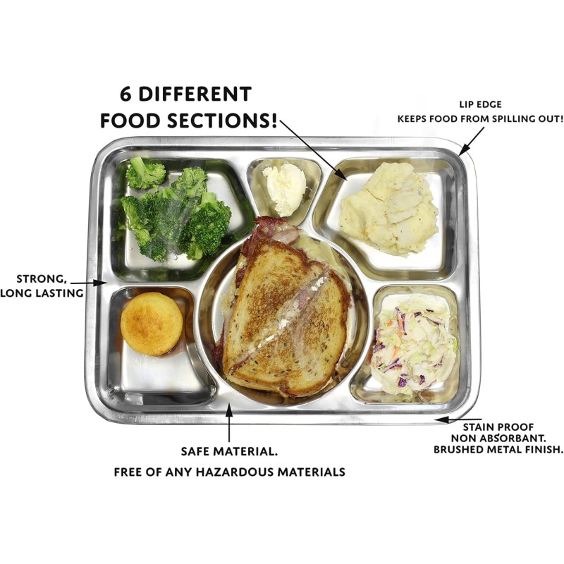 Picture of Stainless Steel Divided Plate, Dinner Snack Serving Plate with 6 Compartment, Metal Food Trays for Kids, Adults, Camping, Diet Food Portion Control, Picky Eaters  40cm X 30cm-Silver