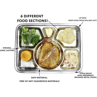 Picture of Stainless Steel Divided Plate, Dinner Snack Serving Plate with 6 Compartment, Metal Food Trays for Kids, Adults, Camping, Diet Food Portion Control, Picky Eaters  40cm X 30cm-Silver