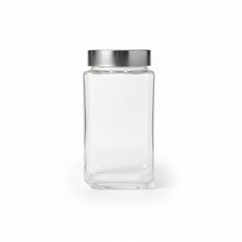 Picture of High-quality square glass storage jar with airtight stainless steel metal lid for kitchen pantry organization of dry food items like snacks pulses spices grains and coffee beans for fresh long-lasting storage.-Multicolor