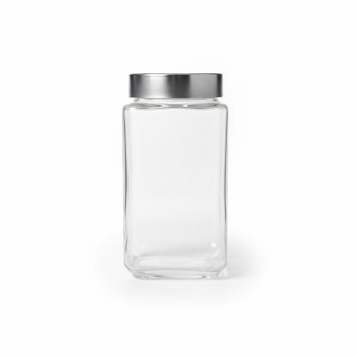 Picture of High-quality square glass storage jar with airtight stainless steel metal lid for kitchen pantry organization of dry food items like snacks pulses spices grains and coffee beans for fresh long-lasting storage.-Multicolor