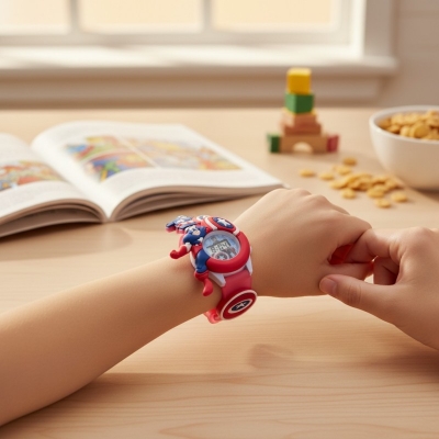 Picture of Marvel Captain America 3D Kids Digital Watch featuring Disco LED Flashing Lights and Built-in Music, Adjustable Pink Silicone Strap Superhero Character Wristwatch, Perfect Birthday Gift for Little Avengers Fans and Children.-Red