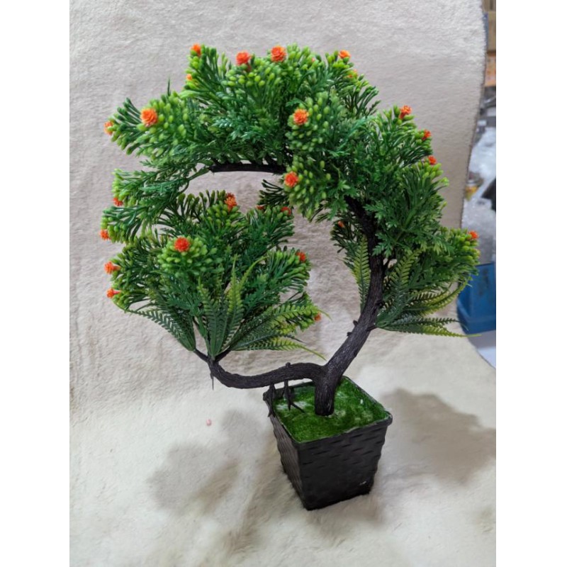 Picture of Artificial Pine Bonsai Tree in Woven Pot with Vibrant Orange Berries for Home Office Desktop and Shelf Decoration-Multicolor