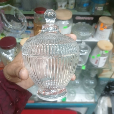 Picture of 1 pcs Crystal Glass Candy jar Bowl with Lid Glass Decorative Crystal Diamond Faceted Candy Bowl Jar Serving Candy Fruit Dry Fruits Snacks Pickle Dessert Gift line design-Multicolor
