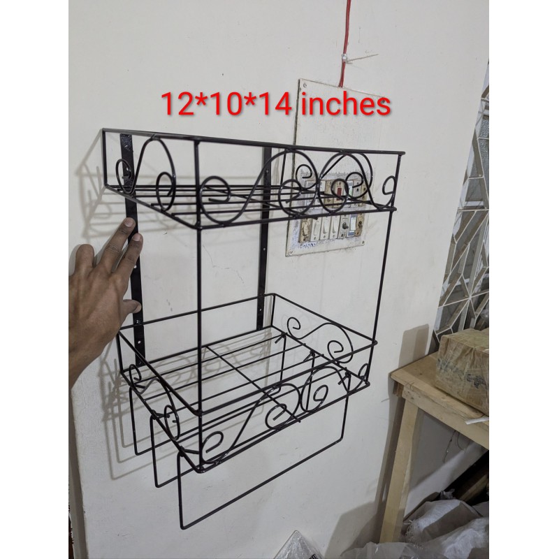 Picture of Durable Black Metal 2-Layer Wall Mounted Quranee and Book Stand with 3 Jainamaz Hangers | Elegant Iron Wall Shelf for Mosque or Home Decor | Space-Saving, Sturdy Religious Organizer Rack-Black
