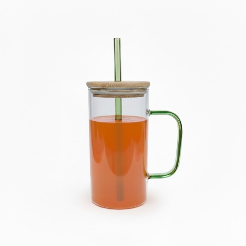 Picture of Borosilicate Square Glass Mug with Green Handle and Bamboo Lid for Iced Coffee Juice Milk Tea and Soda Glass Straw Tumbler with 3D Plumeria Flower Decoration for Stylish Home Gift.-Multicolor