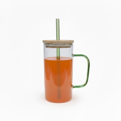 Picture of Borosilicate Square Glass Mug with Green Handle and Bamboo Lid for Iced Coffee Juice Milk Tea and Soda Glass Straw Tumbler with 3D Plumeria Flower Decoration for Stylish Home Gift.-Multicolor