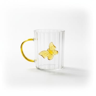 Picture of Premium High Borosilicate Glass Mug Featuring Unique 3D Amber Butterfly Design and Elegant Vertical Stripes with a Comfortable Colored Handle Perfect for Hot Tea Coffee and Stylish Home Decor Aesthetic Kitchenware.-Multicolor