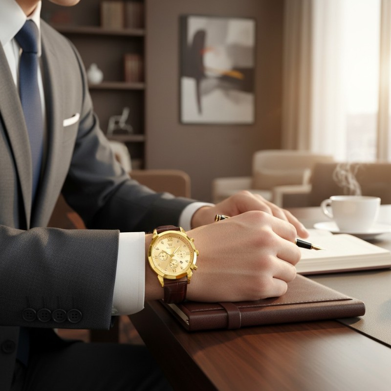 Picture of New Men’s Business Watch Gold Case Black Face Design Brown Leather Strap Quartz Analog Movement Water Resistant Construction Three Decorative Dials Calendar Display Premium Quality Men’s Fashion Accessory for Unique Style.-Multicolor