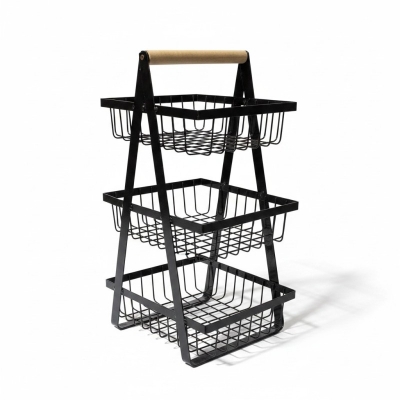 Picture of 3-Tier Black Metal Fruit Basket for Kitchen Countertop Storage with Portable Wooden Handle Sturdy Tiered Vegetable Rack Organizer Stand for Modern Home Pantry Bread Snacks and Fresh Produce Display Solution Black.-Black