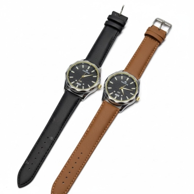 Picture of Men's Analog Wristwatch with Textured Black Dial and Luminous Gold-Tone Markers, Premium Brown Leather Strap, Elegant Silver Alloy Case, Water Resistant Quartz Fashion Timepiece for Sophisticated Casual and Professional Outfits.-Chocolate