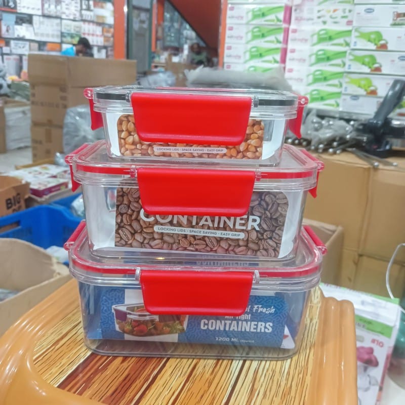 Picture of 3 pcs set 1200ml,800 ml & 300 ml Feel Fresh Rectangular PET Food Container, transparent red color lid-Multicolor