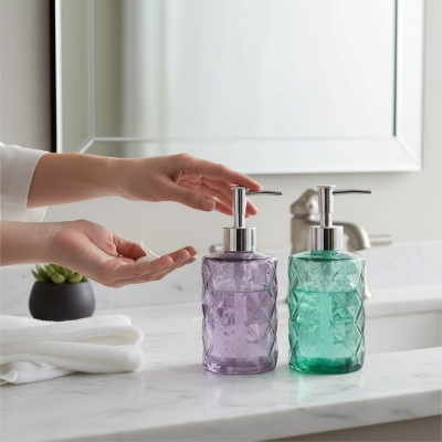 Picture of Elegant glass soap dispenser featuring a geometric diamond design in multiple colors with a premium silver-toned pump perfect for enhancing your bathroom vanity decor or modern kitchen sink countertop with style today.-Multicolor