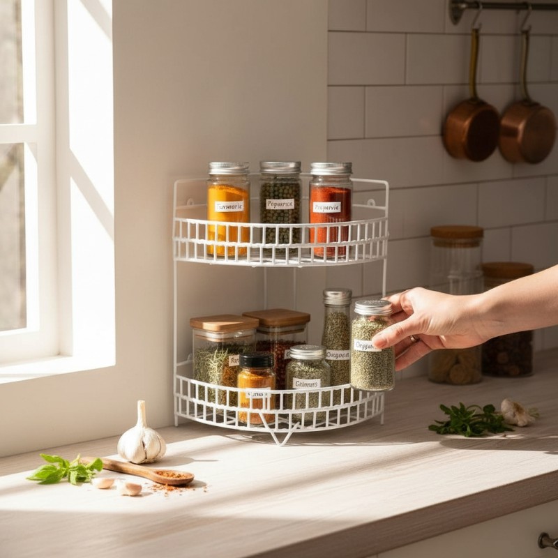 Picture of Durable 2-Tier Metal Corner Shelf for Kitchen & Bathroom-White