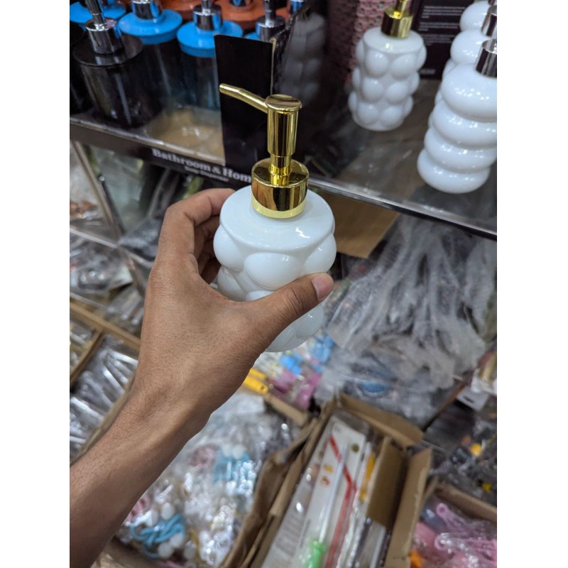 Picture of Modern Luxury White Bubble Ceramic Liquid Soap Dispenser with Elegant Gold Pump for Bathroom and Kitchen Decor, Refillable 300ml Stylish Hand Wash and Lotion Bottle for Premium Interior Aesthetics and Hygiene.-White