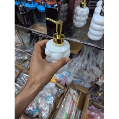 Picture of Modern Luxury White Bubble Ceramic Liquid Soap Dispenser with Elegant Gold Pump for Bathroom and Kitchen Decor, Refillable 300ml Stylish Hand Wash and Lotion Bottle for Premium Interior Aesthetics and Hygiene.-White