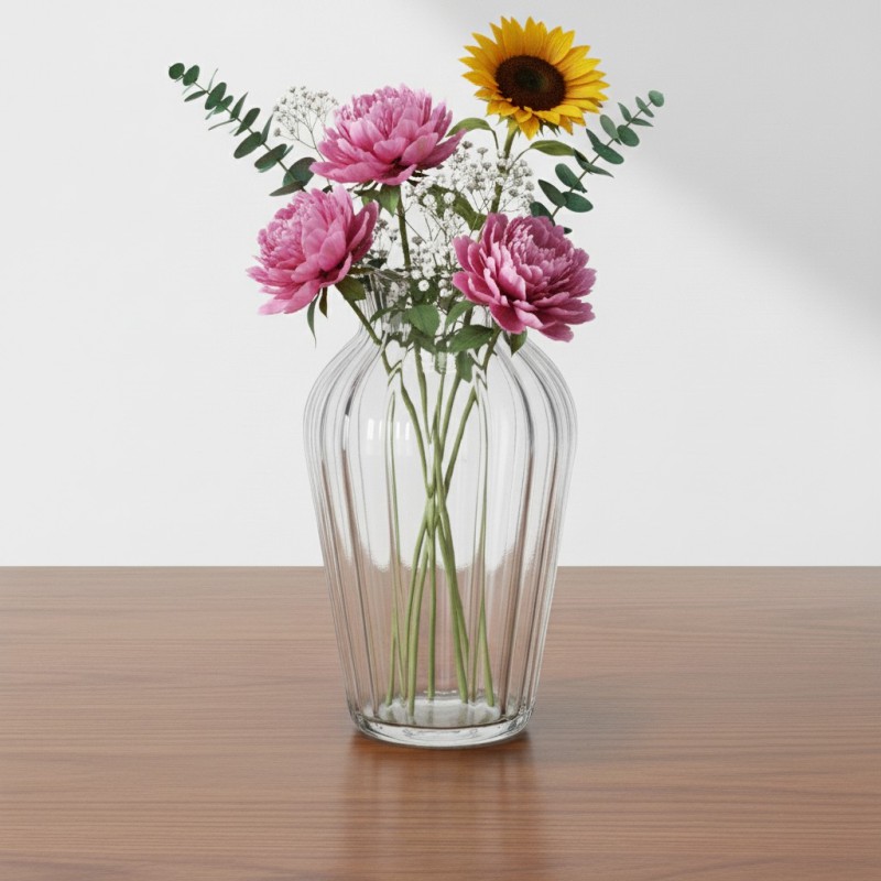 Picture of Elegant Ribbed Glass Flower Vase with Fluted Design for Home Decoration, Modern Clear Bud Vase for Wedding Centerpieces and Tabletop Floral Arrangements, High-Quality Minimalist Han-Multicolor