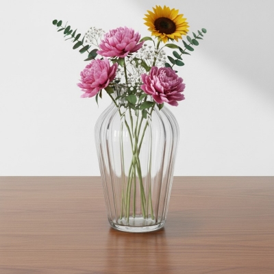 Picture of Elegant Ribbed Glass Flower Vase with Fluted Design for Home Decoration, Modern Clear Bud Vase for Wedding Centerpieces and Tabletop Floral Arrangements, High-Quality Minimalist Han-Multicolor