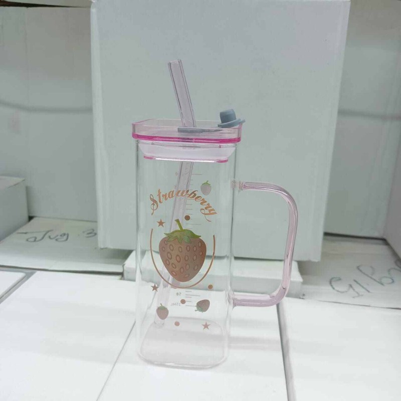 Picture of Multi-Purpose Glass Sipper Tumbler – 400ml Borosilicate Glass Cup with Multi-Color Straw & Lid – Lightweight, Microwave Safe & Scratch Resistant – Perfect for Coffee, Juice &s-Pink
