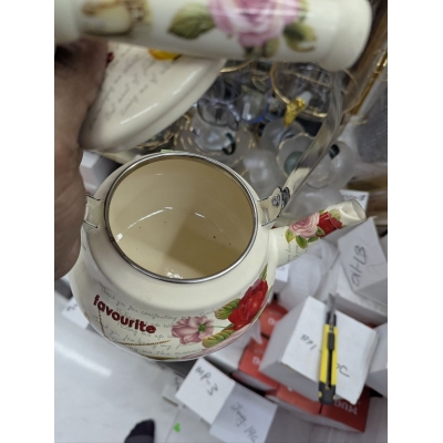 Picture of Premium Life Smile 2.5L Enamel Tea Kettle Featuring Vintage Floral Design with Heat Resistant Gold Handle for Gas and Induction Stovetops, Elegant White Porcelain Style Decorative Water Pot for Home Kitchen.-Multicolor