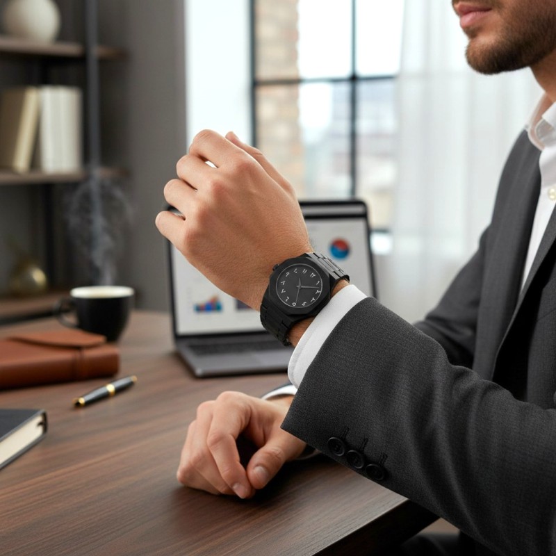 Picture of Buy Men's Matte Black Watch with Arabic Numerals featuring a sleek octagonal case, durable carbon fiber body, and minimalist analog display for a professional yet modern look in any casual setting.-Black
