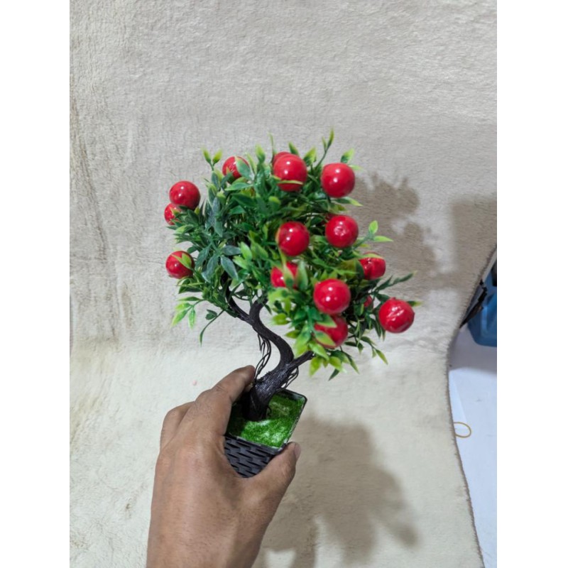 Picture of Decorative Artificial Potted Bonsai Fruit Tree with Realistic Red Apples and Green Foliage for Home and Office Tabletop Decor-Multicolor