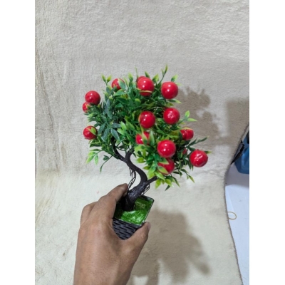 Picture of Decorative Artificial Potted Bonsai Fruit Tree with Realistic Red Apples and Green Foliage for Home and Office Tabletop Decor-Multicolor