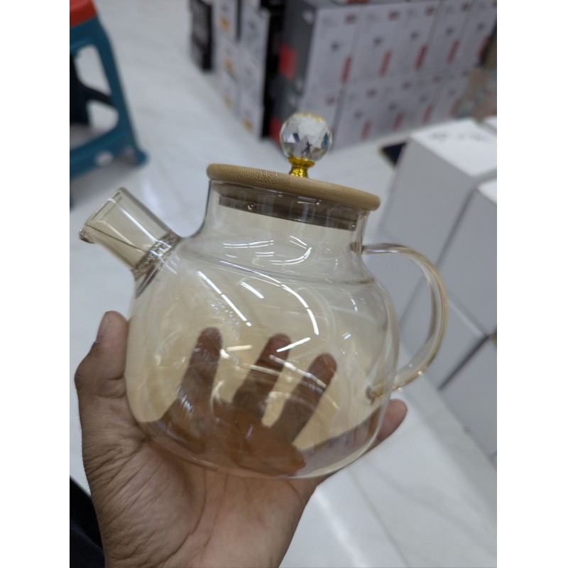 Picture of Premium Heat Resistant Borosilicate Glass Teapot with Natural Bamboo Lid, Crystal Top Knob, and Removable Spout Filter - 1000ml Large Capacity Stovetop Safe Clear Tea Kettle for Loose Leaf and Blooming Tea-Gold