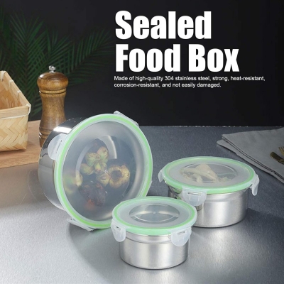 Picture of Preservation Bowl, Heat‑Resistant 304 Stainless Steel with Lid 3Pcs/Set Fridge Storage Box, for Home Refrigerator 15 cm,3cm & 11cm-Multicolor