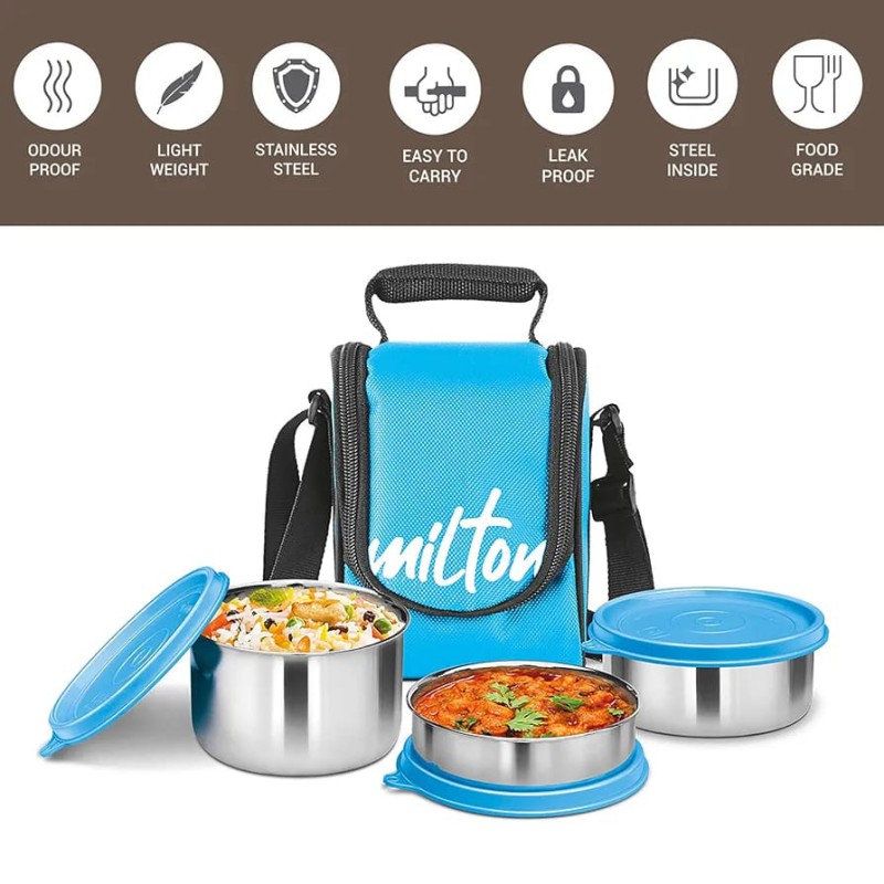 Picture of Milton Tasty 4 Stainless Steel Lunch Box with bag, light blue 3 in 1. 200,320 & 500 ml-Blue