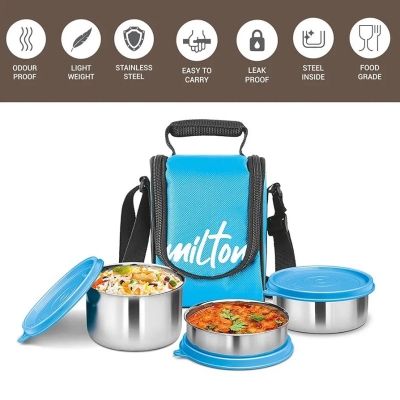 Picture of Milton Tasty 4 Stainless Steel Lunch Box with bag, light blue 3 in 1. 200,320 & 500 ml-Blue