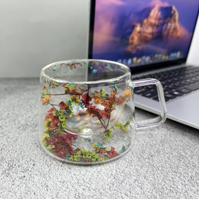Picture of Glass Coffee Mugs | Insulated Glass Mugs with Handle | Layer Flowers Design Clear 180ml Coffee Cup for Tea Bag, Beverage, Latte, Cappuccino, Coffee-Multicolor