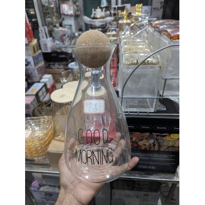 Picture of Premium High Borosilicate Good Morning Printed Glass Water and Juice Pitcher Decanter Carafe with Natural Wooden Cork Ball Lid 1500ml Capacity Heat Resistant Glassware for Home Kitchen Dining and Elegant Tabletop Serving-Multicolor