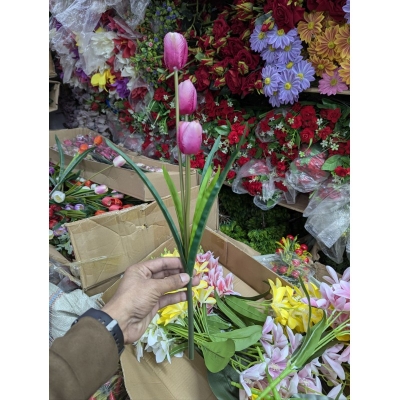 Picture of Real touch artificial pink tulip spray with 3 heads for elegant home office decor, lifelike faux silk flowers arrangement, decorative spring floral stems for wedding bouquets, durable plastic greenery vase filler.-Multicolor