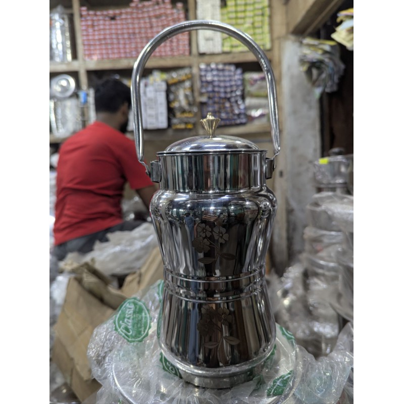 Picture of Premium Mirror Finish Stainless Steel Milk Pot Barni with Aesthetic Floral Laser Print and Elegant Brass Knob Lid, Heavy Duty 202 Stainless Steel Milk Container for Fresh Milk Storage and Transport.-Multicolor