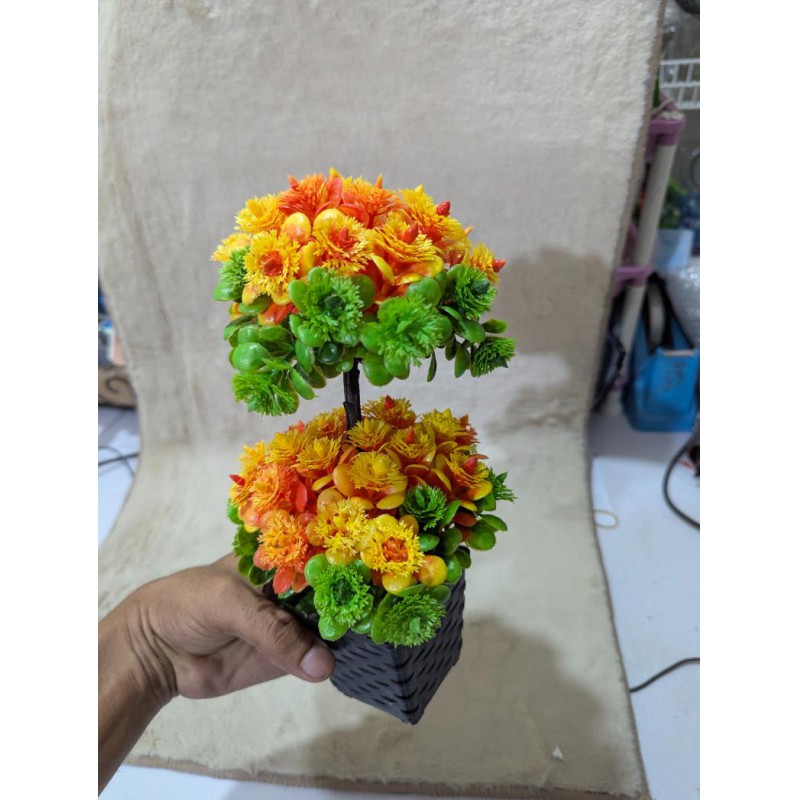 Picture of Vibrant 2-Head Artificial Flower Bonsai Tree in Black Decorative Pot for Home Office Desk and Tabletop Decor-Multicolor