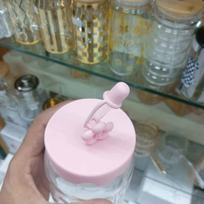 Picture of Borosilicate Glass Jar with Handle & Glass Straw | 400ml Juice Mug | Printed Body | Multi-Color | Juice & Water Drinking Glass with Silicone Cap-Pink