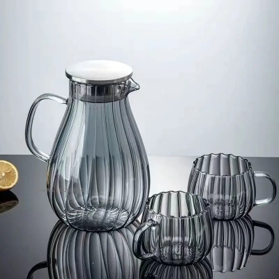 Picture of 1.8L Thick Borosilicate Glass Carafe with Amber Stripes, Secure Lid and Comfortable Handle, For Tea, Milk, Juice, Coffee, DIY Drinks-Black-black