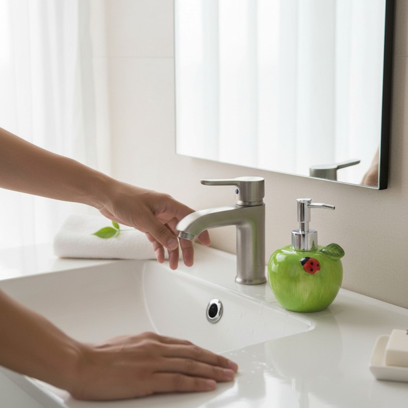 Picture of Premium green apple-shaped ceramic soap dispenser for bathroom vanity decor featuring a durable rust-proof pump and refillable liquid hand soap container designed to add a stylish touch to your modern kitchen sink.-Green