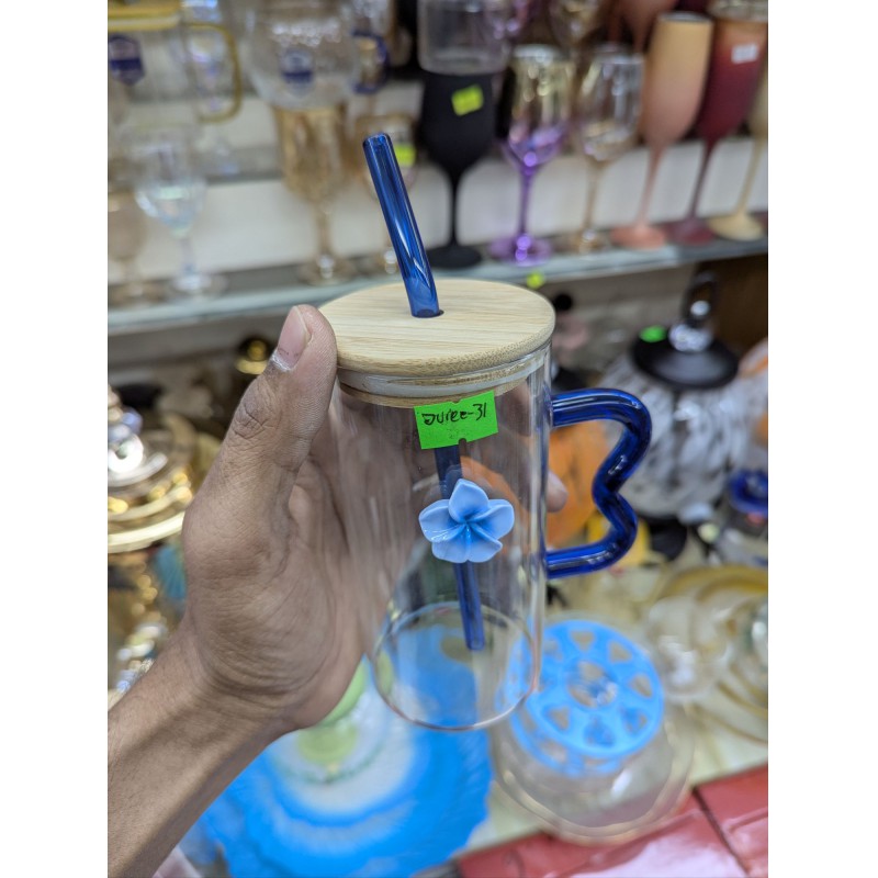 Picture of Premium Clear Square Glass Cup featuring Aesthetic Blue Wavy Handle with Natural Bamboo Lid and Matching Glass Straw, High Borosilicate Heat Resistant Transparent Drinking Mug for Iced Coffee, Juice, and Milk.-Multicolor