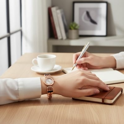 Picture of Elegant Rose Gold Women's Bracelet Watch featuring a Luxury Quartz Analog Movement, Durable Stainless Steel Chain, and Stylish Black Enamel Accents for Formal Events, Casual Wear, and Premium Gifting Occasions.-Multicolor