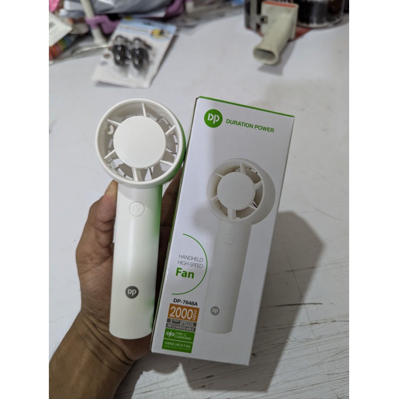 Picture of Duration Power DP-7648A Handheld High-Speed Fan White 2000mAh Rechargeable Battery Portable Cooling Solution for Outdoor Travel Summer Essentials Three Speed Adjustable Turbo Airflow with Type-C Charging Cable and Standing Desktop Base.-Multicolor