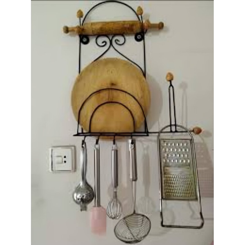 Picture of Wall Mounted Kitchen Organizer Rack | 4-in-1 Roti Belan Piri Stand & Utensil Holder | Durable Iron & Wooden Design | Space Saver-Black