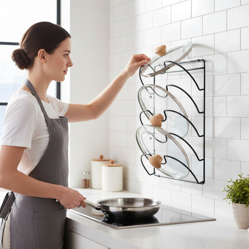 Picture of Metal Wire Wall Mount Kitchen Cabinet Lid Rack and Pot Pan Cover Holder Organizer for Pantry Storage Space-Saving Vertical Lid Hanger for Organized Cookware and Durable Bakeware Storage Solution System-Black