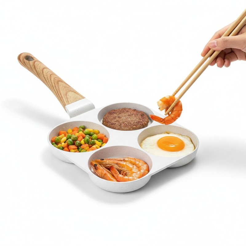 Picture of Multi-functional Non-Stick 4-Slot Egg Pancake Pan with Wooden Handle for Stovetop Cooking Durable Aluminum Divided Breakfast Skillet for Mini Pancakes Burger Patties and Perfect Omelets Ideal for Kitchen RV Dorm Use-Multicolor
