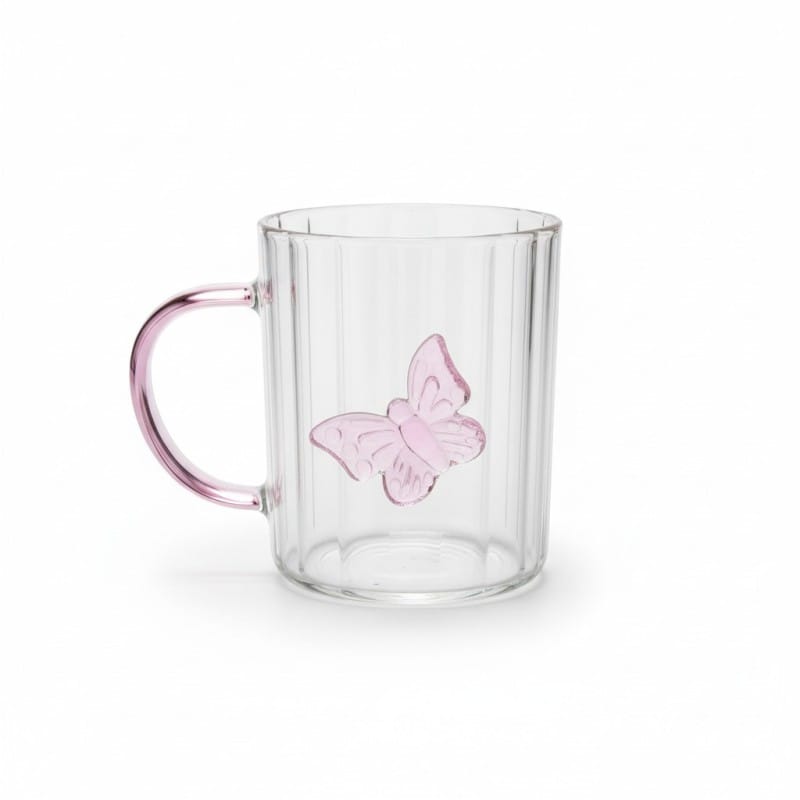 Picture of Elegant 3D butterfly high borosilicate glass mug featuring a heat resistant vertical striped fluted design and pink colored handle perfect for hot coffee herbal tea or as a charming decorative kitchen accessory.-Multicolor