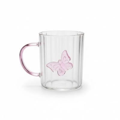 Picture of Elegant 3D butterfly high borosilicate glass mug featuring a heat resistant vertical striped fluted design and pink colored handle perfect for hot coffee herbal tea or as a charming decorative kitchen accessory.-Multicolor