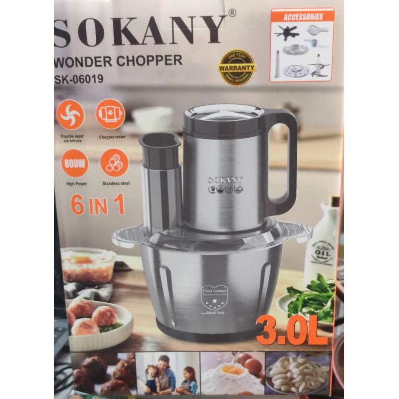 Picture of Buy Sokany SK-06019 Wonder Chopper 6-in-1 Food Processor in Bangladesh featuring 800W Copper Motor 3L Stainless Steel Bowl Double-Layer Four Blades for Meat Grinding Vegetable Chopping Blending Slicing and Easy Kitchen Prep-multiple