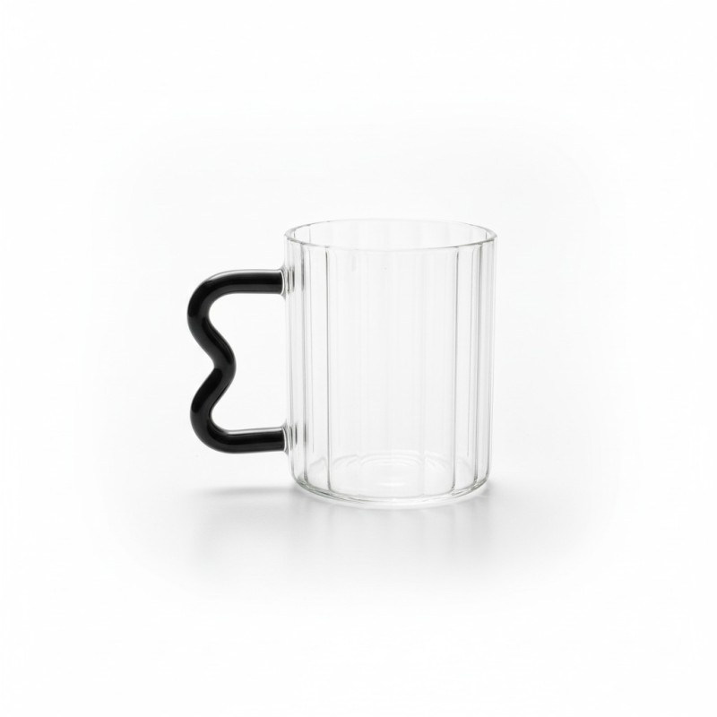 Picture of Madame Coco Rona Borosilicate Glass Mug 370ml with Unique Black B-Shaped Wavy Handle Heat Resistant Fluted Ribbed Clear Coffee Cup for Hot Tea Latte Cappuccino Aesthetic Modern Minimalist Glassware Home Decor-Multicolor