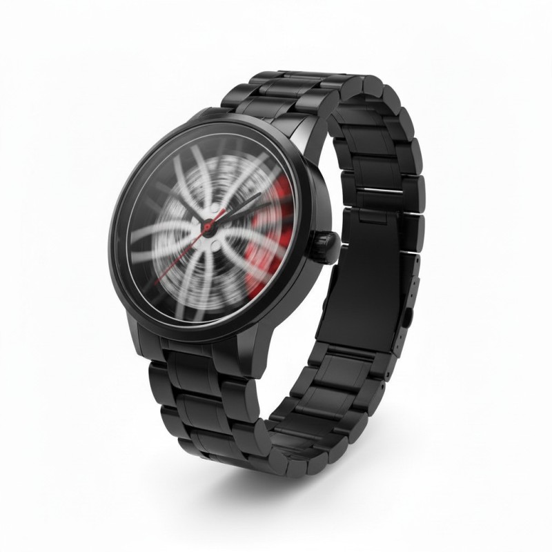Picture of Exclusive Premium Men Luxury Car Wheel Hub Watch Stainless Steel Quartz Wristwatch Featuring Creative 3D Hollow Rotating Dial Design Waterproof Sports Military Style Perfect For Automotive Enthusiasts And Trendy Fashion Lovers Everywhere.-Black